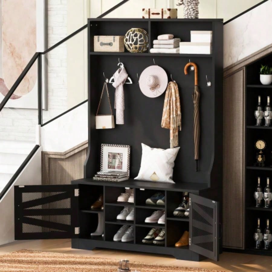 U - Can 43.3 Entryway with Coat Rack, 3 - in - 1 Design and Adjustable Shelves, Hall Tree with Hooks Entrance, Living Room