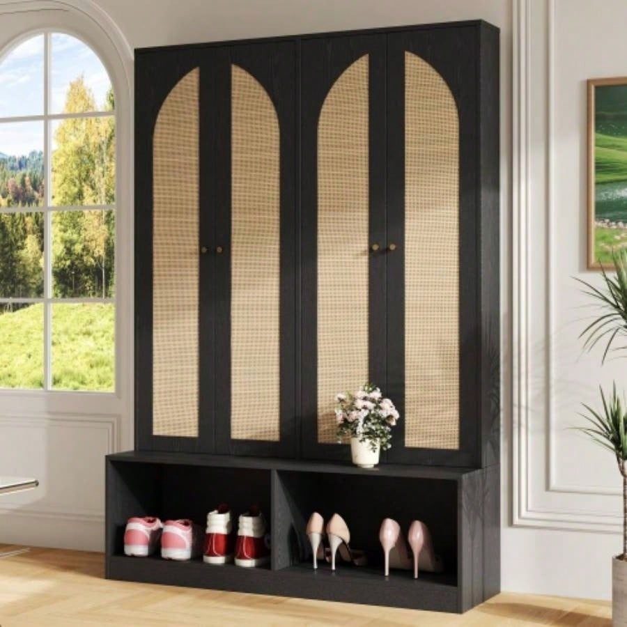 Assembly Video Farmhouse Widen Hall Tree with 4 Rattan Doors, Versatile 4 - In - 1 Seating with 6 Hooks, Mid - Entryway Shoe Cabinet with Adjustable Shelf Living Room, Walnut, 55.1