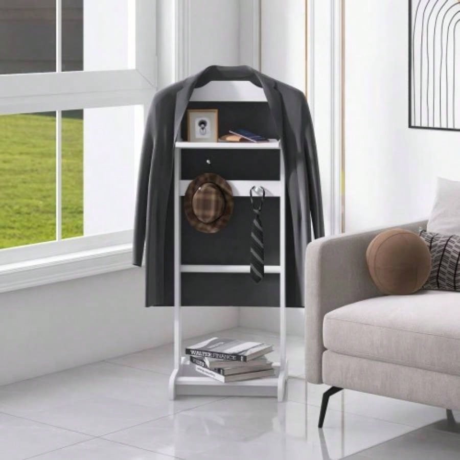 Accent Portable Garment Rack, Clothes Valet Stand with Storage Organizer, White