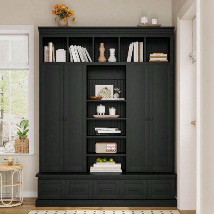 U - Can 78. H Hall Tree with and 5 Storage Cubbies, Modern Entryway Storage Organizer Cabinet with 4 Doors, 5 Drawers and Adjustable Shelves Hallway, Entryway, Living Room