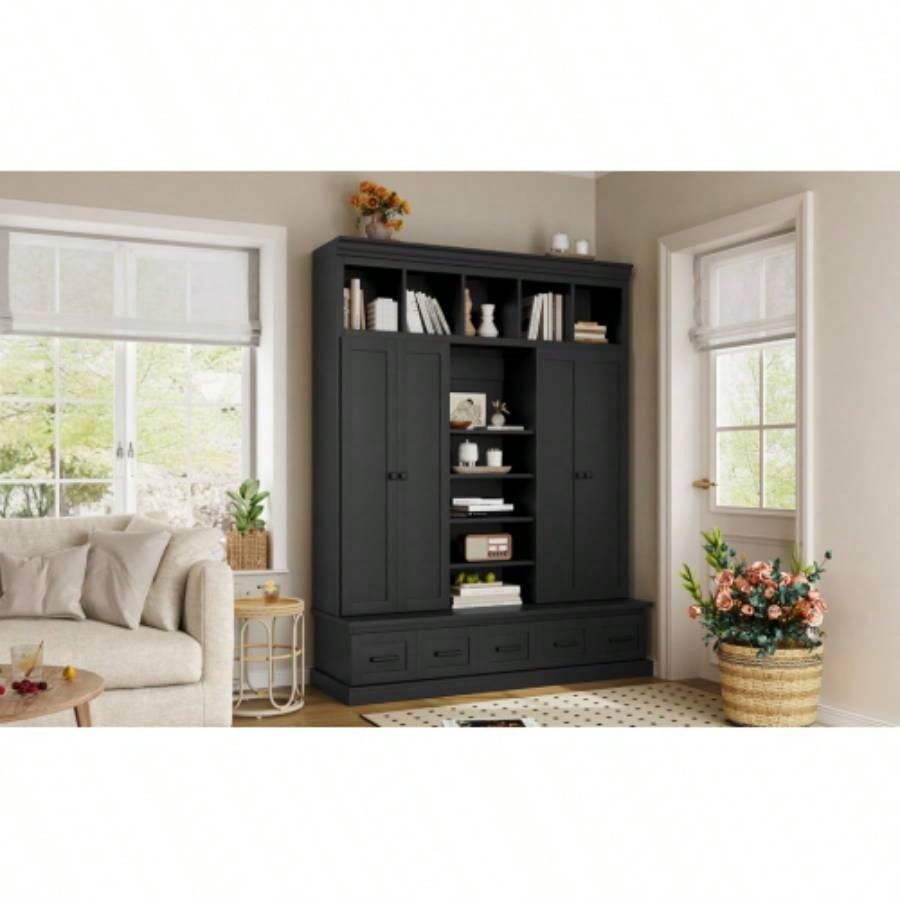 U - Can 78. H Hall Tree with and 5 Storage Cubbies, Modern Entryway Storage Organizer Cabinet with 4 Doors, 5 Drawers and Adjustable Shelves Hallway, Entryway, Living Room