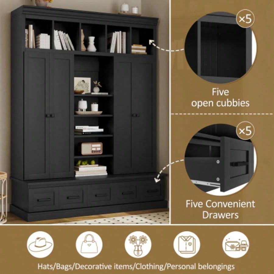 U - Can 78. H Hall Tree with and 5 Storage Cubbies, Modern Entryway Storage Organizer Cabinet with 4 Doors, 5 Drawers and Adjustable Shelves Hallway, Entryway, Living Room