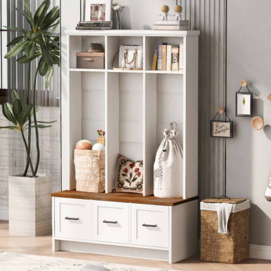 U - Can Modern Hall Tree with Entryway, 3 Shelves and Drawers, 40.2 Wide Hall Tree with Storage Hallway, Entryway, Living Room