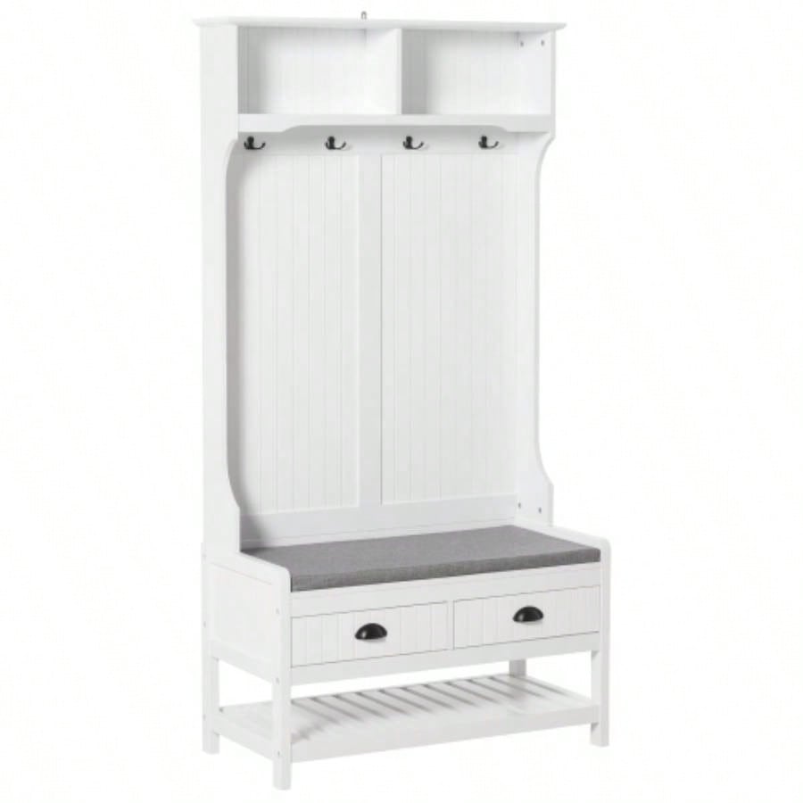 HOMCOM 3 - in - 1 Hall Tree, Entryway with Coat Rack, Mudroom with Shoe Rack, 2 Storage Drawers, 4 Hooks and Padded Cushions Hallway, White