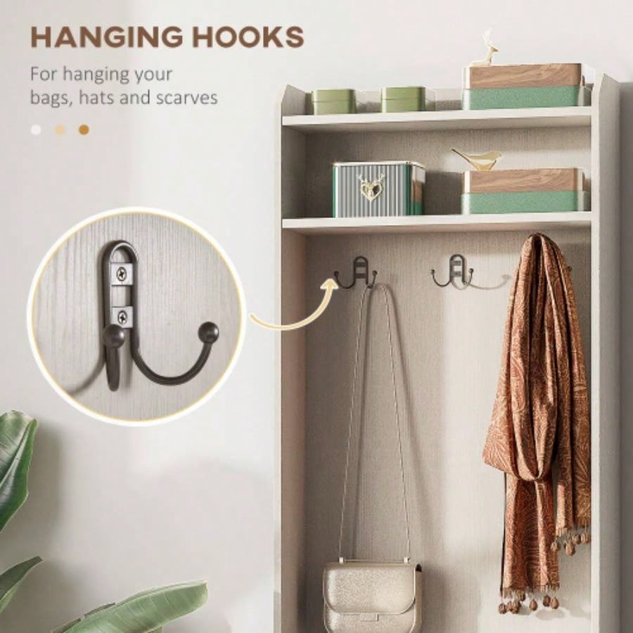 HOMCOM Rustic Hall Tree with Shoe Storage, Entryway with Coat Rack, Accent Coat Tree with Storage Shelves Hallway, Mudroom, White Wood Grain