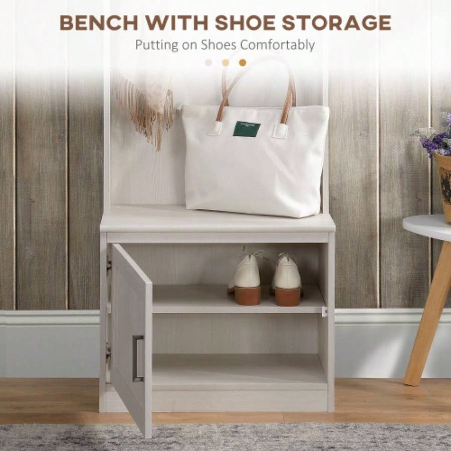 HOMCOM Rustic Hall Tree with Shoe Storage, Entryway with Coat Rack, Accent Coat Tree with Storage Shelves Hallway, Mudroom, White Wood Grain