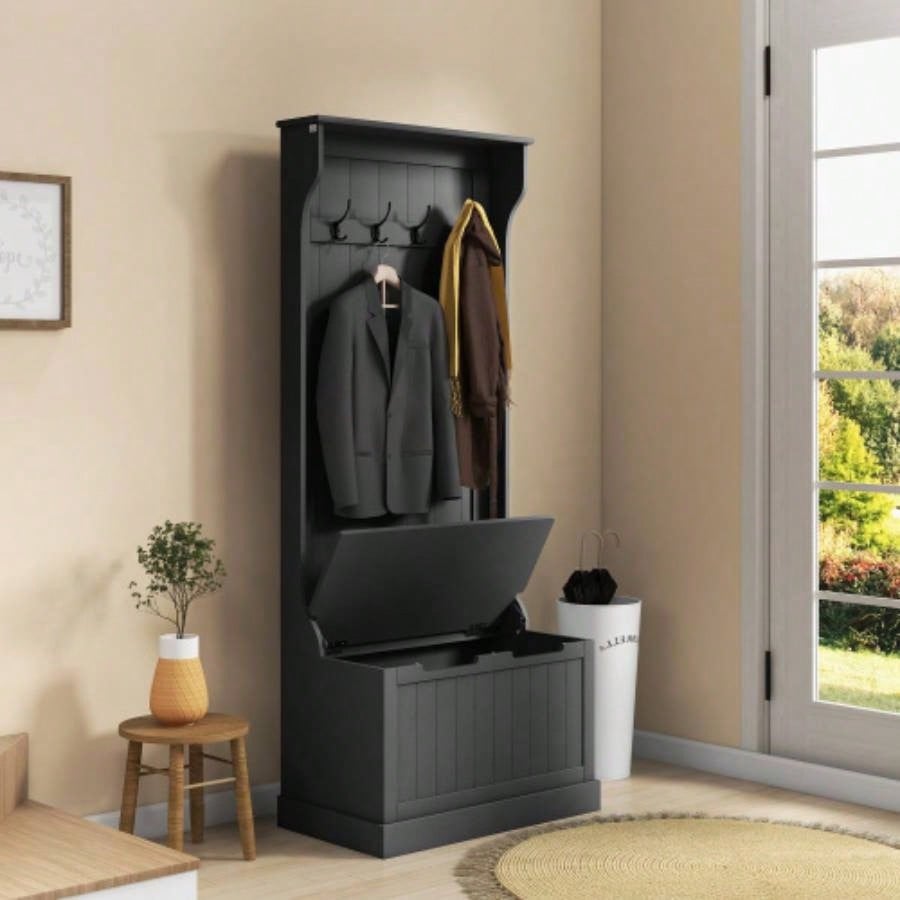 HOMCOM 28 3 - In - 1 Entryway Hall Tree with Storage, Coat Rack with Four Hooks and Shoe Storage, Black