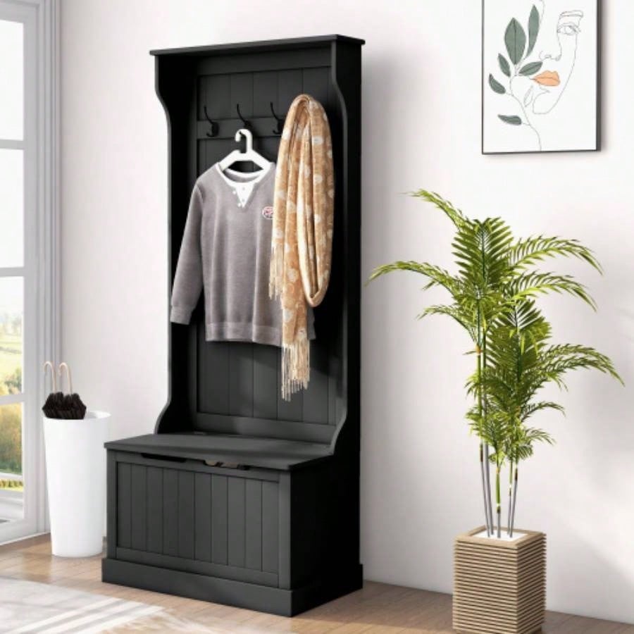 HOMCOM 28 3 - In - 1 Entryway Hall Tree with Storage, Coat Rack with Four Hooks and Shoe Storage, Black