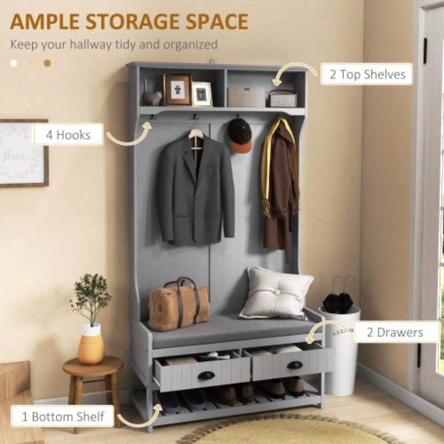 HOMCOM 3 - in - 1 Hall Tree, Entryway with Coat Rack, Mudroom with Shoe Rack, 2 Storage Drawers, 4 Hooks and Padded Cushions Hallway, Gray