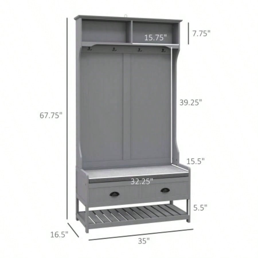 HOMCOM 3 - in - 1 Hall Tree, Entryway with Coat Rack, Mudroom with Shoe Rack, 2 Storage Drawers, 4 Hooks and Padded Cushions Hallway, Gray