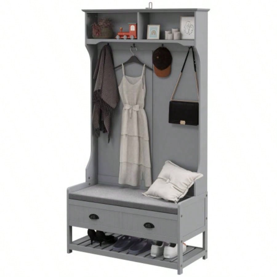 HOMCOM 3 - in - 1 Hall Tree, Entryway with Coat Rack, Mudroom with Shoe Rack, 2 Storage Drawers, 4 Hooks and Padded Cushions Hallway, Gray