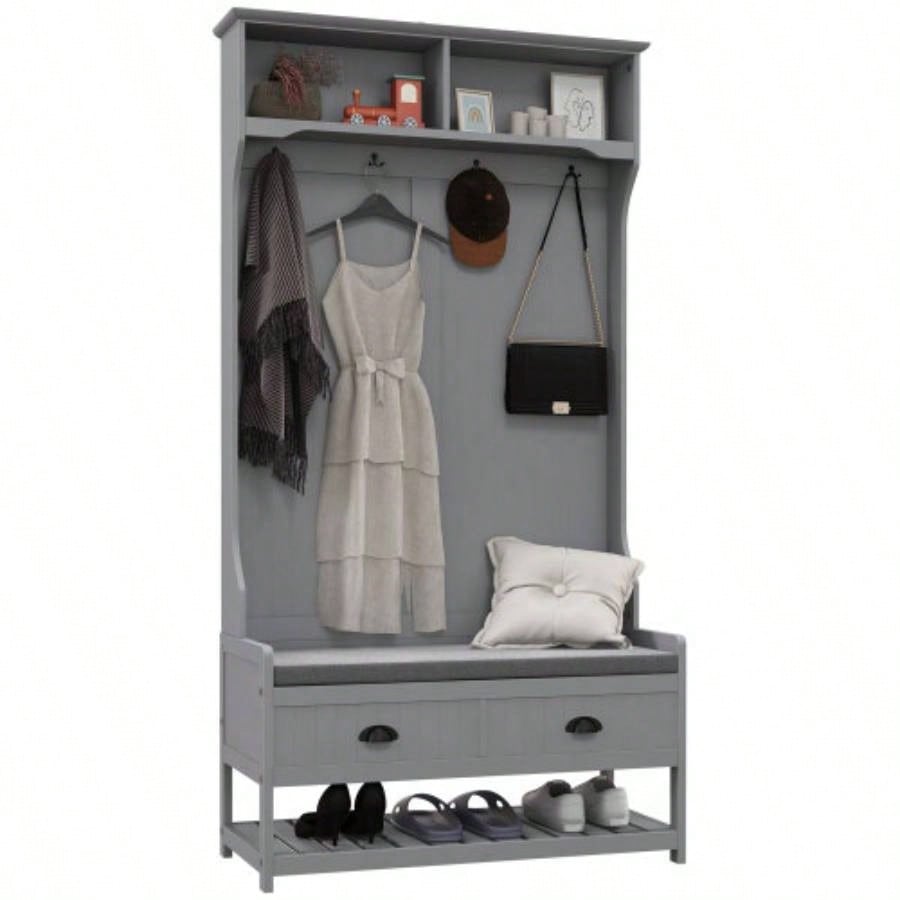 HOMCOM 3 - in - 1 Hall Tree, Entryway with Coat Rack, Mudroom with Shoe Rack, 2 Storage Drawers, 4 Hooks and Padded Cushions Hallway, Gray