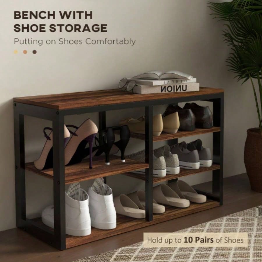 HOMCOM 2 - in - 1 Coat Rack Shoe Set, 5 - Hook Hall Tree with and Shoe Storage 10 Pairs of Shoes Entryway, Hallway, Brown