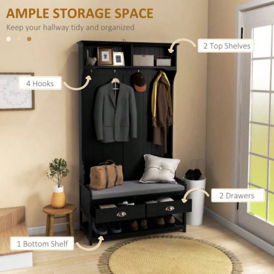 HOMCOM 3 - in - 1 Hall Tree, Entryway with Coat Rack, Mudroom with Shoe Rack, 2 Storage Drawers, 4 Hooks and Padded Cushions Hallway, Black