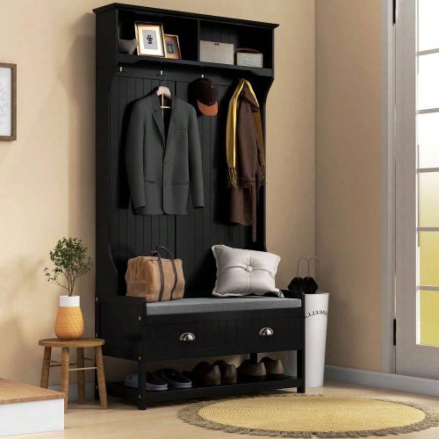 HOMCOM 3 - in - 1 Hall Tree, Entryway with Coat Rack, Mudroom with Shoe Rack, 2 Storage Drawers, 4 Hooks and Padded Cushions Hallway, Black