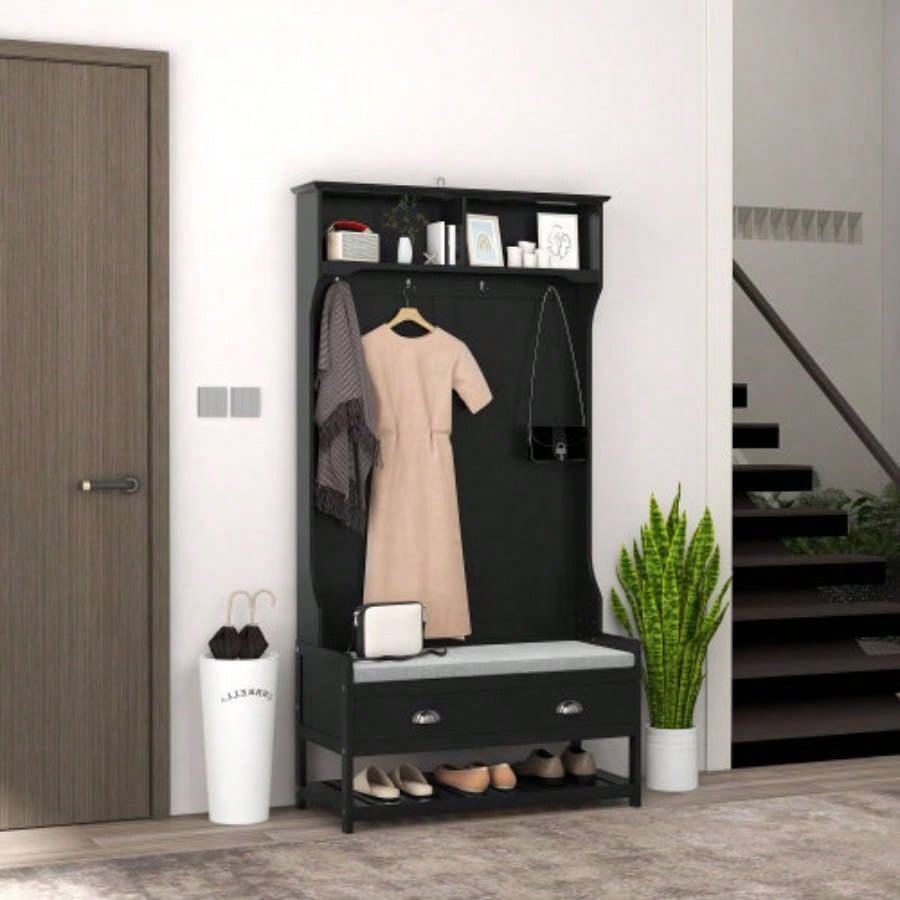 HOMCOM 3 - in - 1 Hall Tree, Entryway with Coat Rack, Mudroom with Shoe Rack, 2 Storage Drawers, 4 Hooks and Padded Cushions Hallway, Black