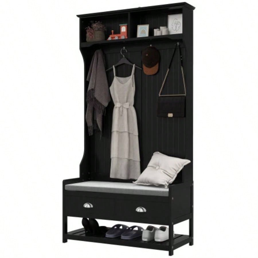 HOMCOM 3 - in - 1 Hall Tree, Entryway with Coat Rack, Mudroom with Shoe Rack, 2 Storage Drawers, 4 Hooks and Padded Cushions Hallway, Black