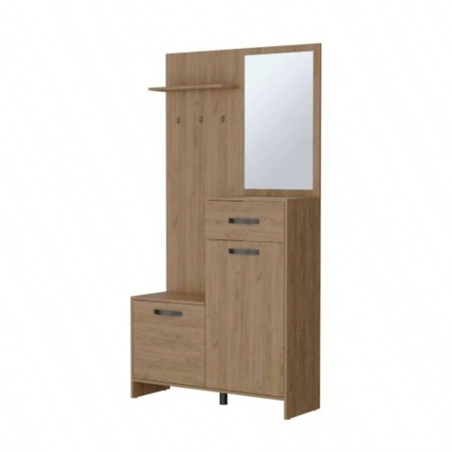 Natural Oak Hall Tree Multistorage with 1 - Mirror and Adjustable
