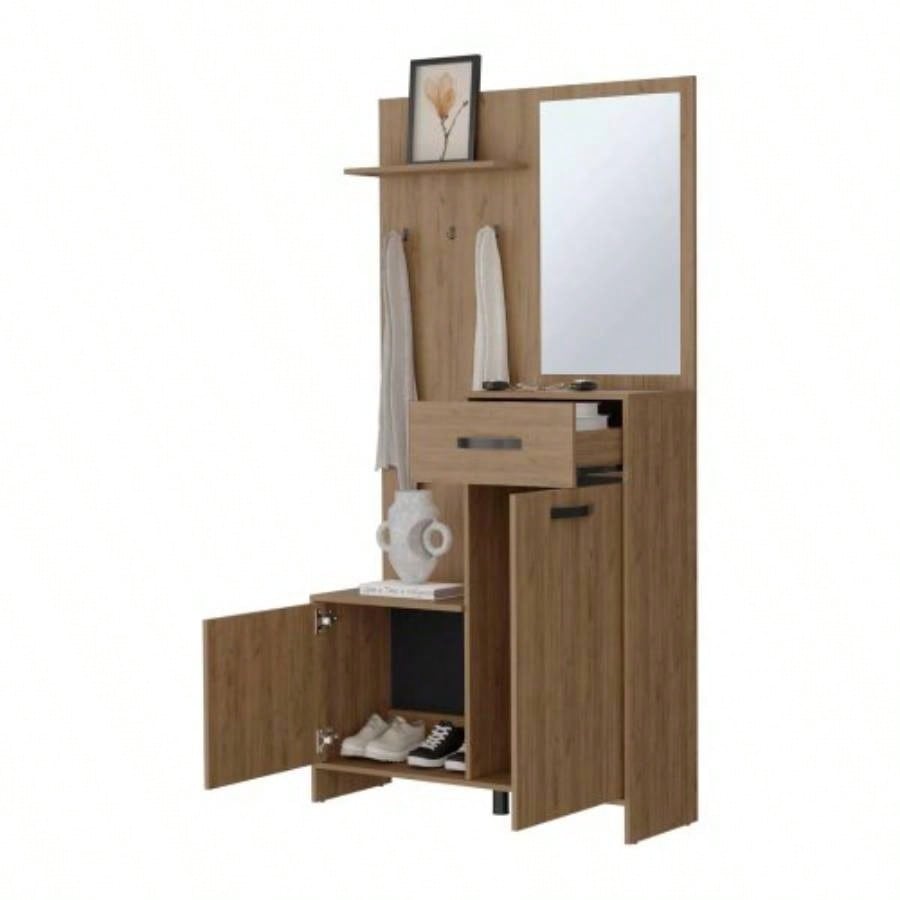 Natural Oak Hall Tree Multistorage with 1 - Mirror and Adjustable