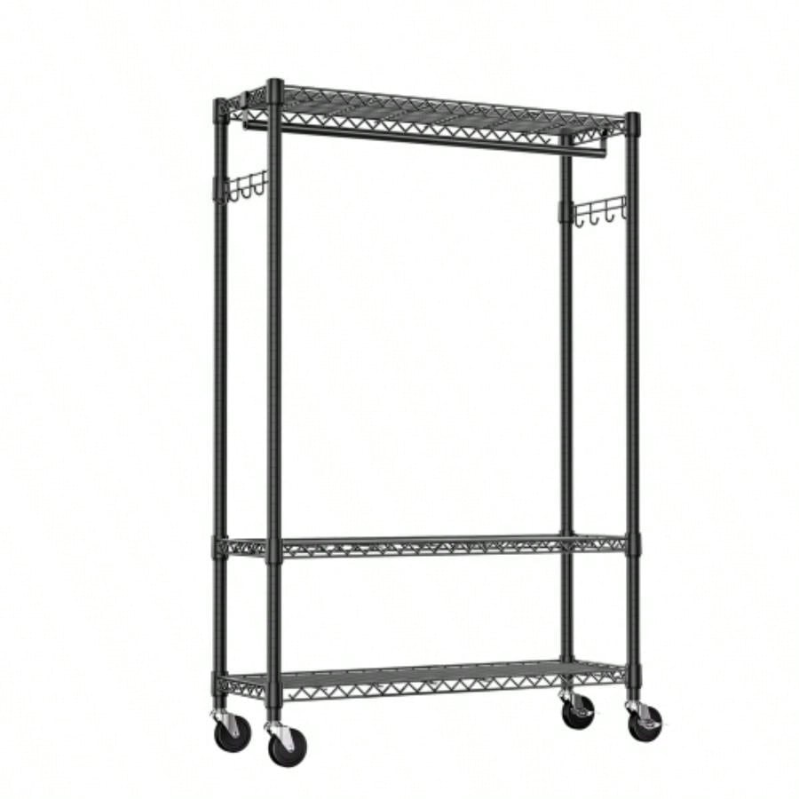 Rolling Clothes Rack Heavy Duty, 3 - Tier Garment Rack on Wheels Hanging Clothes with 1 Rod, Metal Freestanding Adjustable Wardrobe Closet Organizer, 45.3x 15. Dx 75.6 H, Black