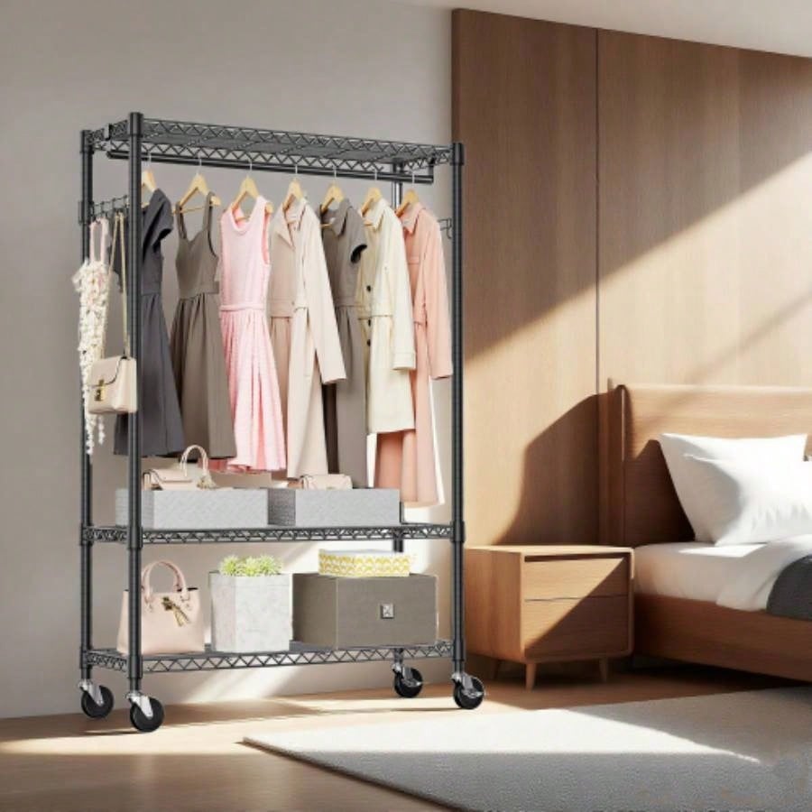 Rolling Clothes Rack Heavy Duty, 3 - Tier Garment Rack on Wheels Hanging Clothes with 1 Rod, Metal Freestanding Adjustable Wardrobe Closet Organizer, 45.3x 15. Dx 75.6 H, Black