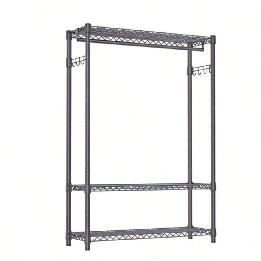 Heavy Duty Garment Rack, Freestanding Clothing Rack Hanging Clothes with 1 Rod, 3 Tiers Side Hooks, Adjustable Metal Wardrobe Closet Organizer, 45.3x 15. Dx 72.4 H, Dark