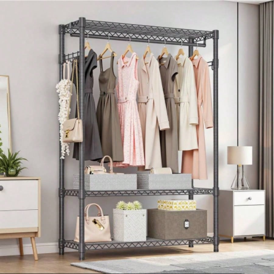Heavy Duty Garment Rack, Freestanding Clothing Rack Hanging Clothes with 1 Rod, 3 Tiers Side Hooks, Adjustable Metal Wardrobe Closet Organizer, 45.3x 15. Dx 72.4 H, Dark