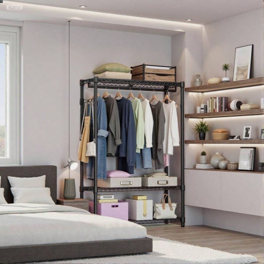 Heavy Duty Garment Rack, Freestanding Clothing Rack Hanging Clothes with 1 Rod, 3 Tiers Side Hooks, Adjustable Metal Wardrobe Closet Organizer, 45.3x 15. Dx 72.4 H, Dark