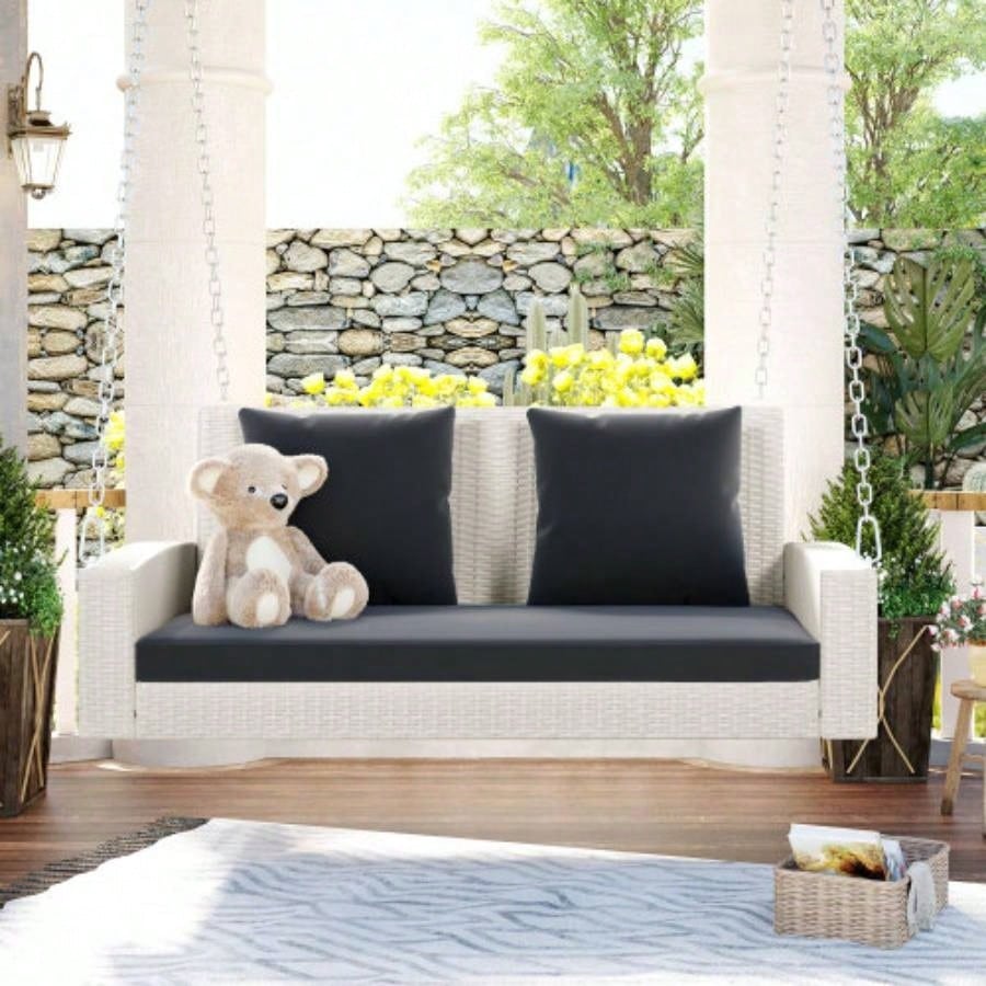GO 2 - Person Wicker Hanging Porch Swing with Chains, Cushion, Pillow, Rattan Swing Garden, Backyard, Pond. Gray Wicker, Blue Cushion