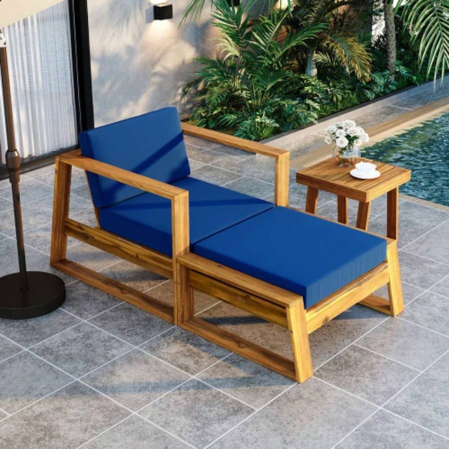 USTYLE Acacia Wood Outdoor Lounge Set - Chair and Ottoman with Removable Cushions, All - Weather Outdoor Chaise Lounge/Daybed, Patios, Balconies, and Gardens