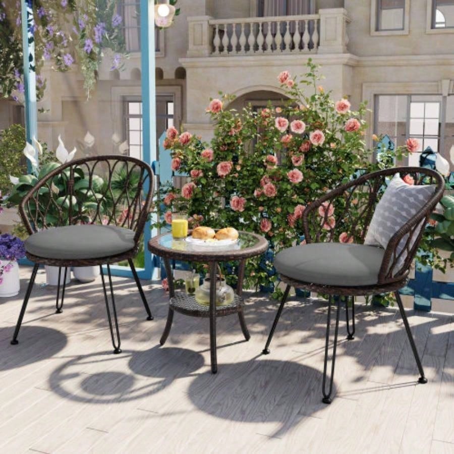 USTYLE Outdoor Leisure Set, 2 Rattan Single Chairs with A Glass Round Table, Perfectly Suited Patios, Balconies, and Courtyards