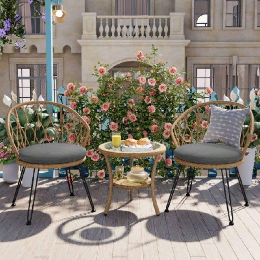 USTYLE Outdoor Leisure Set, 2 Rattan Single Chairs with A Glass Round Table, Perfectly Suited Patios, Balconies, and Courtyards