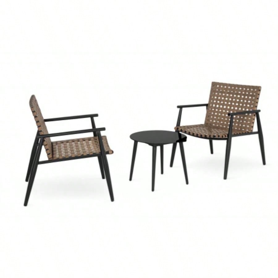 Modern Outdoor Chat Set: 2 PE Rattan Chairs+ Black Steel Tempered Glass Side Table - Durable Stylish