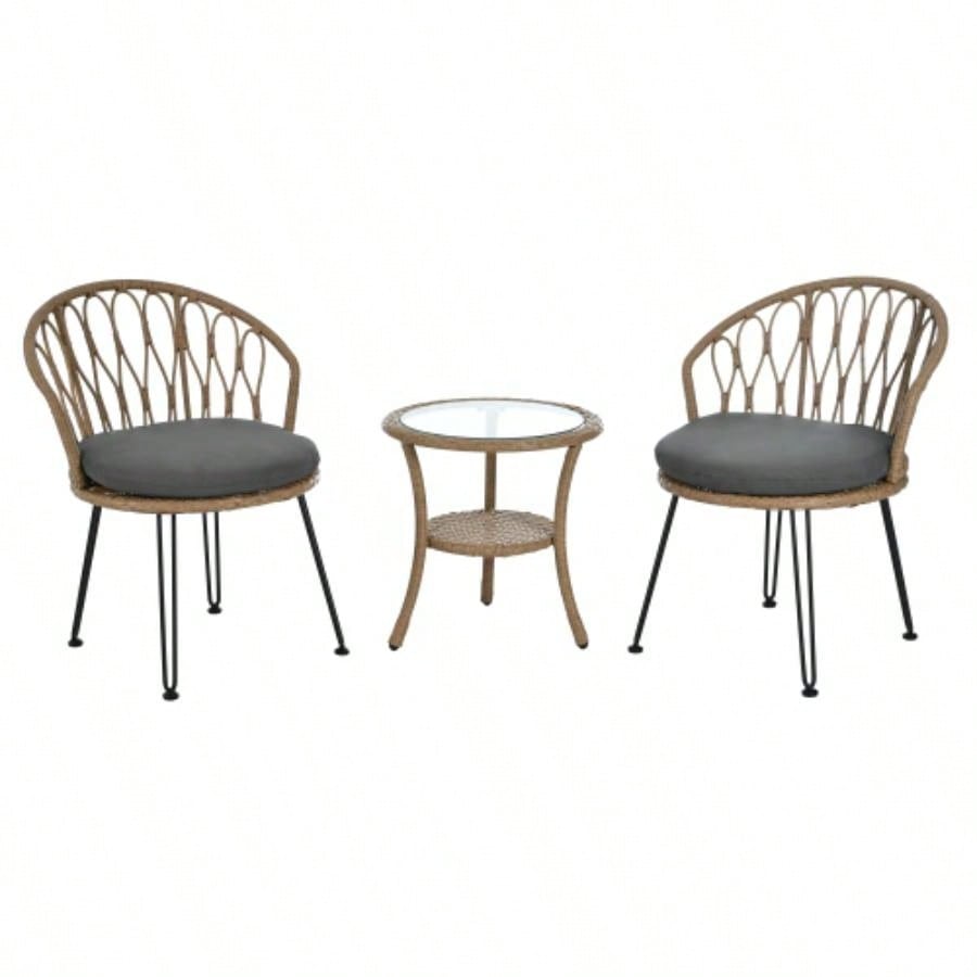 USTYLE Outdoor Leisure Set, 2 Rattan Single Chairs with A Glass Round Table, Perfectly Suited Patios, Balconies, and Courtyards