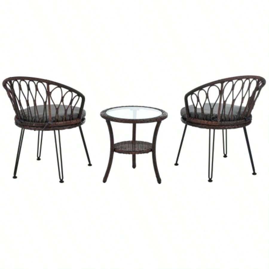 USTYLE Outdoor Leisure Set, 2 Rattan Single Chairs with A Glass Round Table, Perfectly Suited Patios, Balconies, and Courtyards
