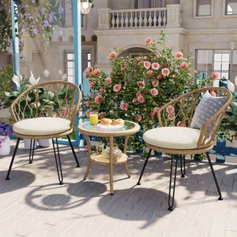 USTYLE Outdoor Leisure Set, 2 Rattan Single Chairs with A Glass Round Table, Perfectly Suited Patios, Balconies, and Courtyards