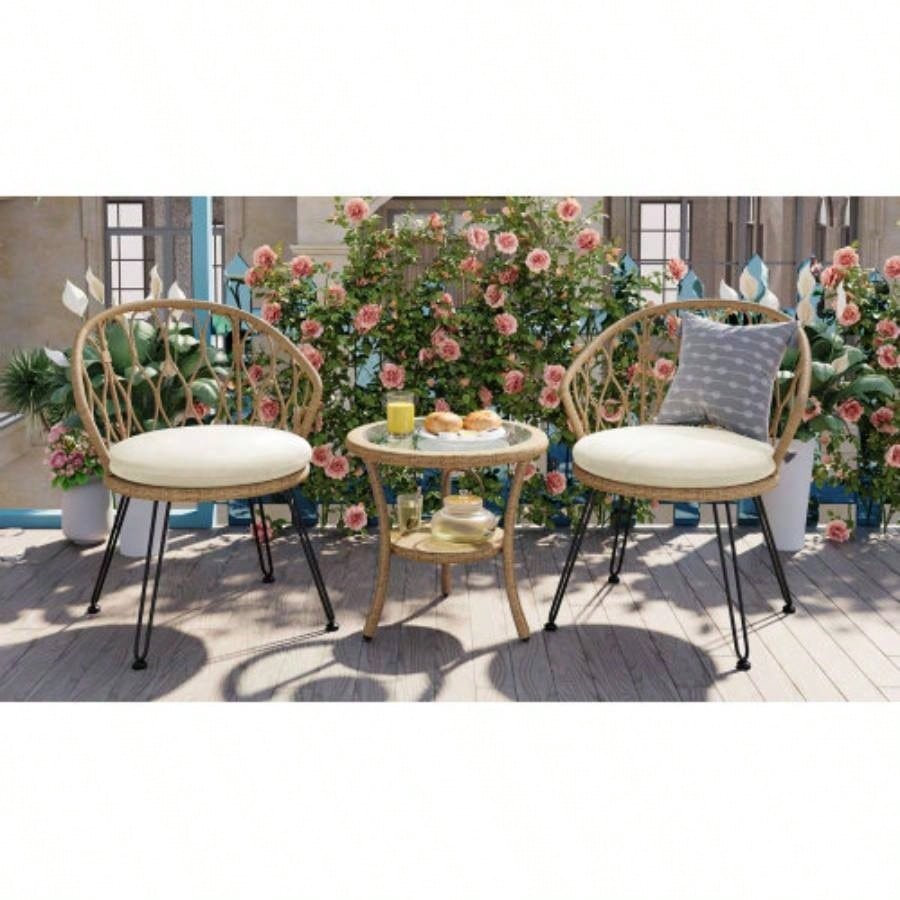 USTYLE Outdoor Leisure Set, 2 Rattan Single Chairs with A Glass Round Table, Perfectly Suited Patios, Balconies, and Courtyards