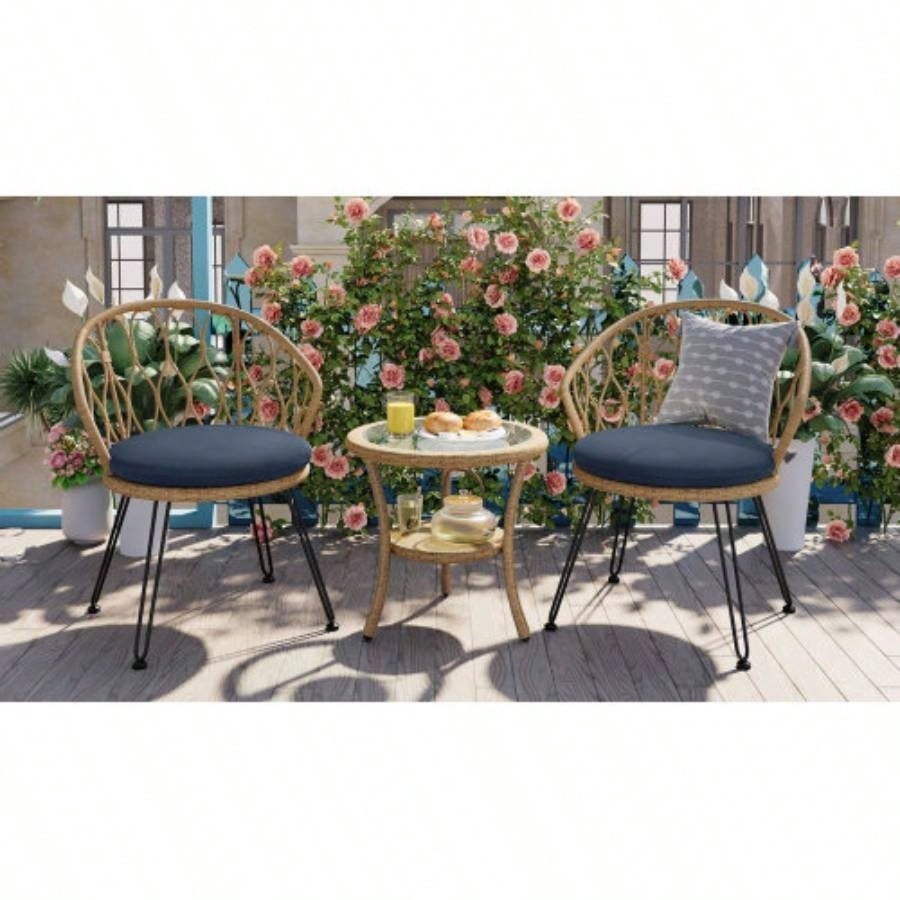 USTYLE Outdoor Leisure Set, 2 Rattan Single Chairs with A Glass Round Table, Perfectly Suited Patios, Balconies, and Courtyards