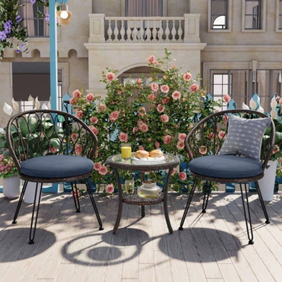 USTYLE Outdoor Leisure Set, 2 Rattan Single Chairs with A Glass Round Table, Perfectly Suited Patios, Balconies, and Courtyards