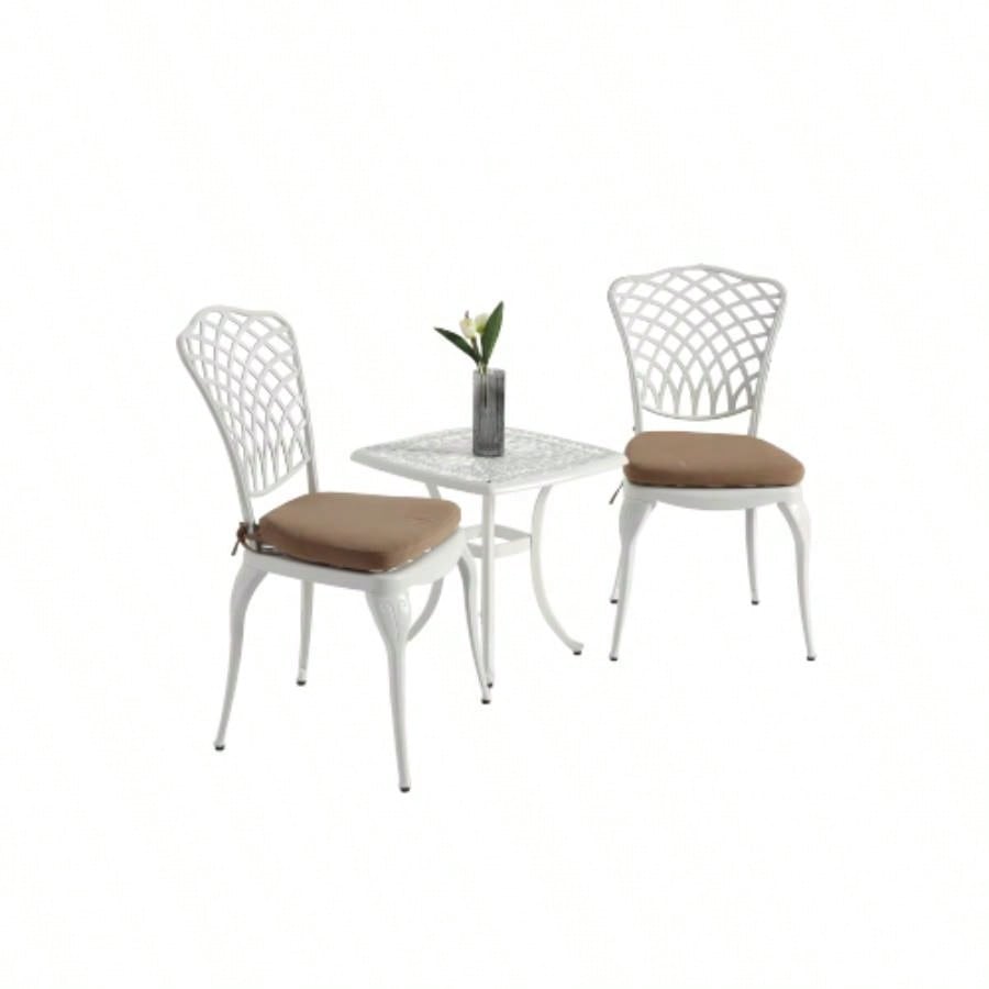 Bistro Set 3 Piece Rustproof Cast Aluminum Patio Furniture Sets 2 Chairs and 1 Round Table Outdoor, Garden, Patio, Balcony, with cushion white
