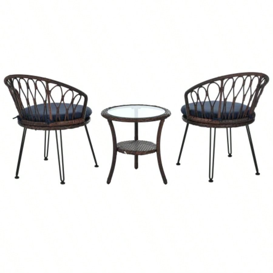 USTYLE Outdoor Leisure Set, 2 Rattan Single Chairs with A Glass Round Table, Perfectly Suited Patios, Balconies, and Courtyards