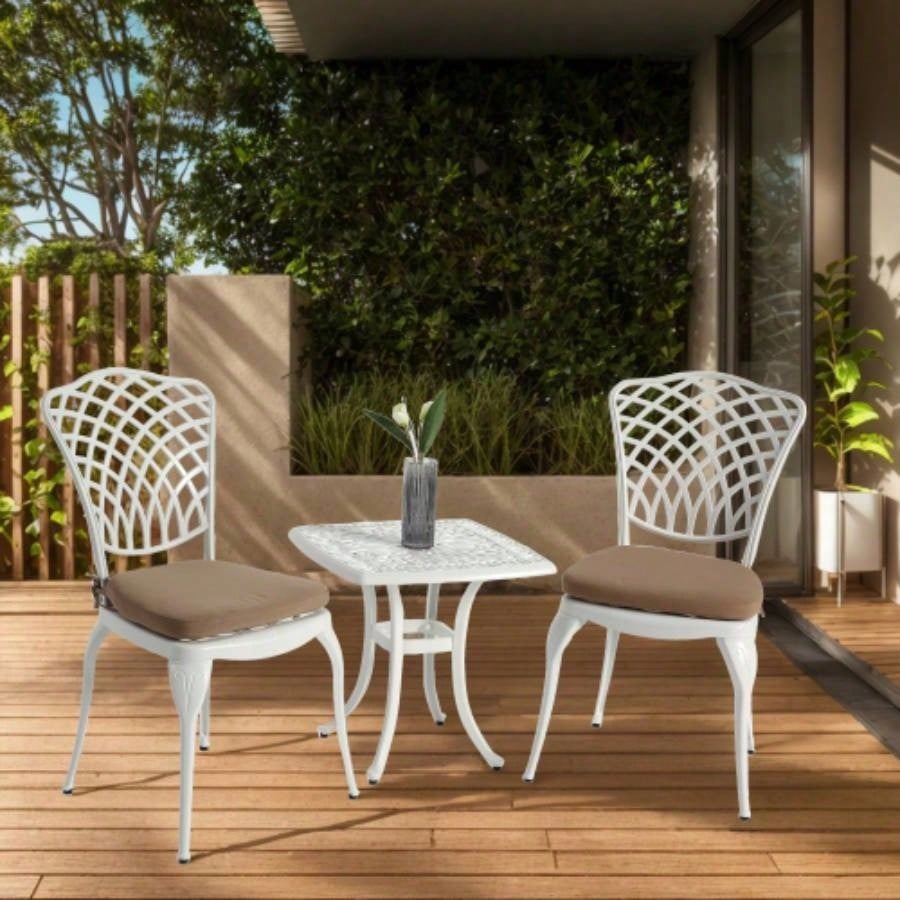 Bistro Set 3 Piece Rustproof Cast Aluminum Patio Furniture Sets 2 Chairs and 1 Round Table Outdoor, Garden, Patio, Balcony, with cushion white