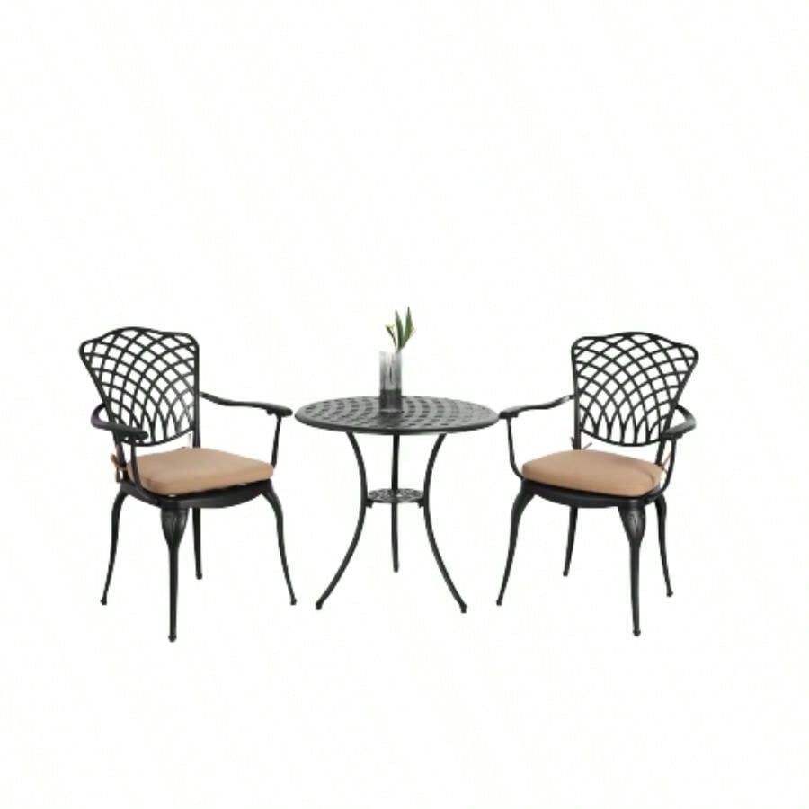 3 Piece Patio Bistro Set Cast Aluminum Bistro Table and Chairs Set of 2 with Hole, All Weather Metal Bistro Table Set, Outdoor Patio Furniture Set Garden Black with cushion