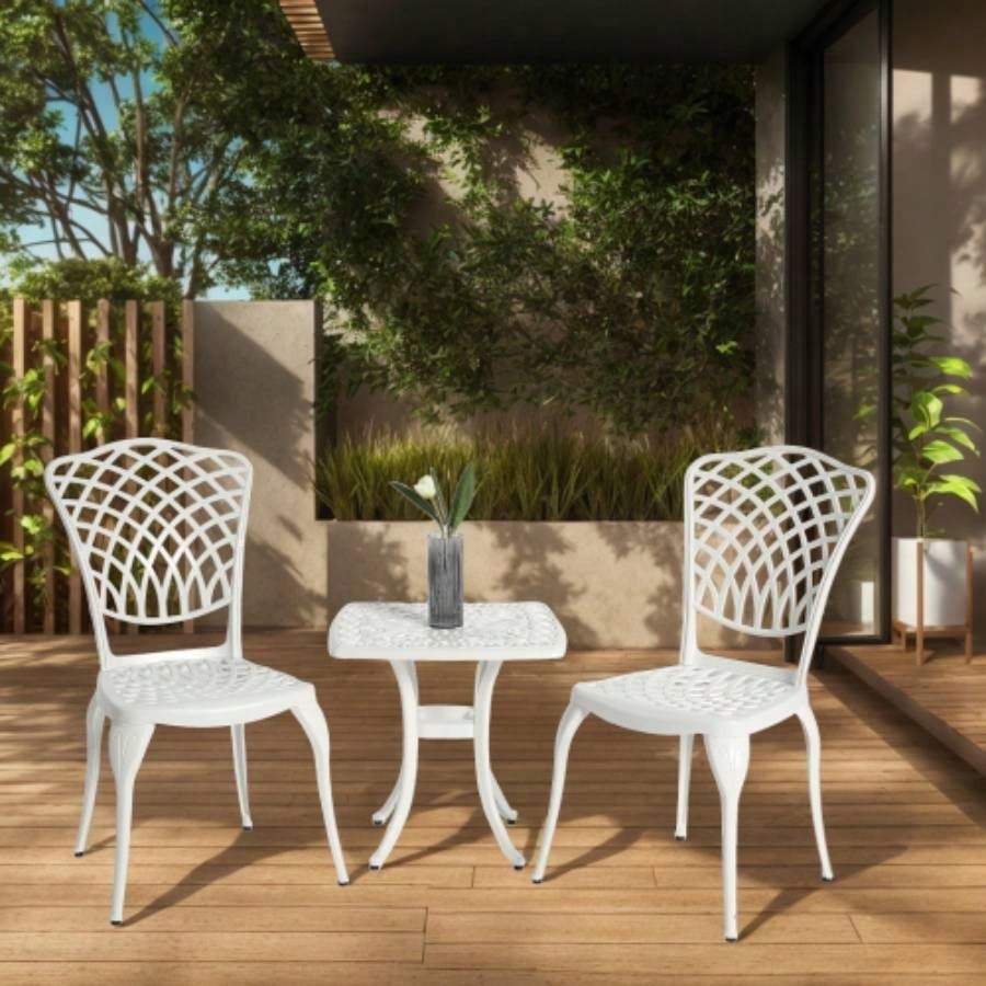 Bistro Set 3 Piece Rustproof Cast Aluminum Patio Furniture Sets 2 Chairs and 1 Round Table Outdoor, Garden, Patio, Balcony, white