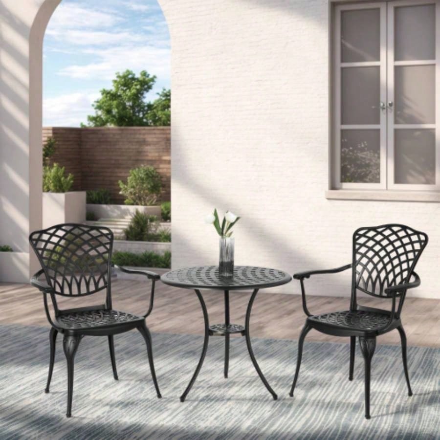 3 Piece Patio Bistro Set Cast Aluminum Bistro Table and Chairs Set of 2 with Hole, All Weather Metal Bistro Table Set, Outdoor Patio Furniture Set Garden Black