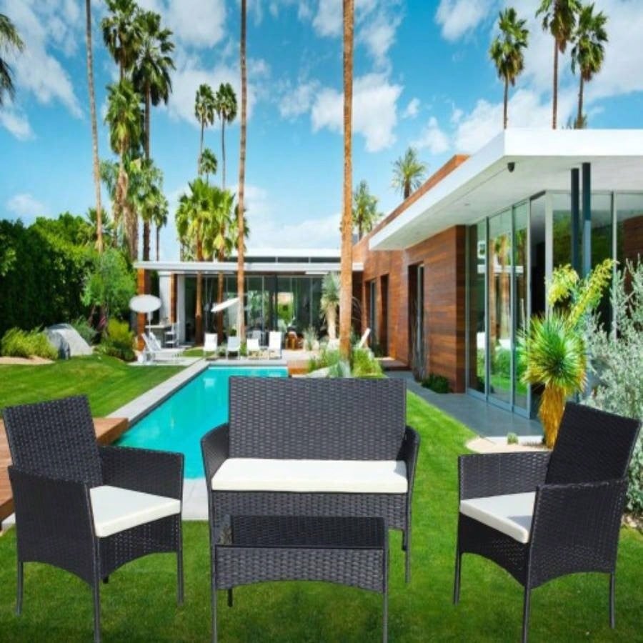 4 PC Rattan Patio Furniture Set Outdoor Patio Cushioned Wicker Sofa Beige Cushion