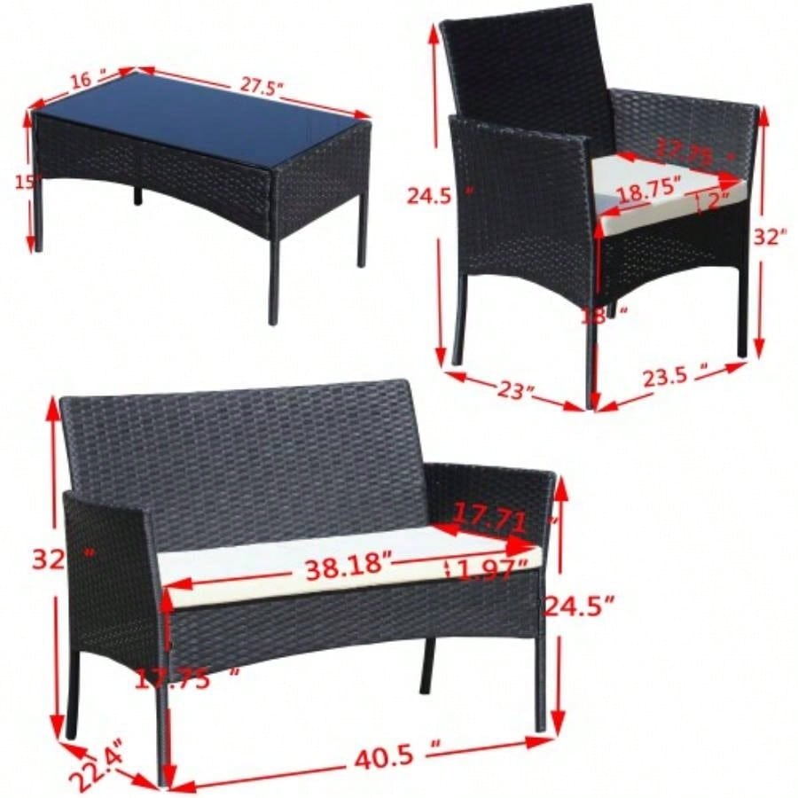 4 PC Rattan Patio Furniture Set Outdoor Patio Cushioned Wicker Sofa Beige Cushion