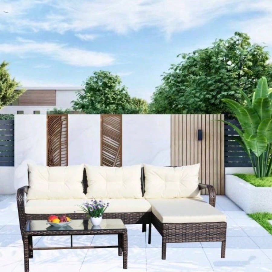 Outdoor patio Furniture sets 3 piece Conversation set wicker Ratten Sectional Sofa With CushionsBeige Cushion