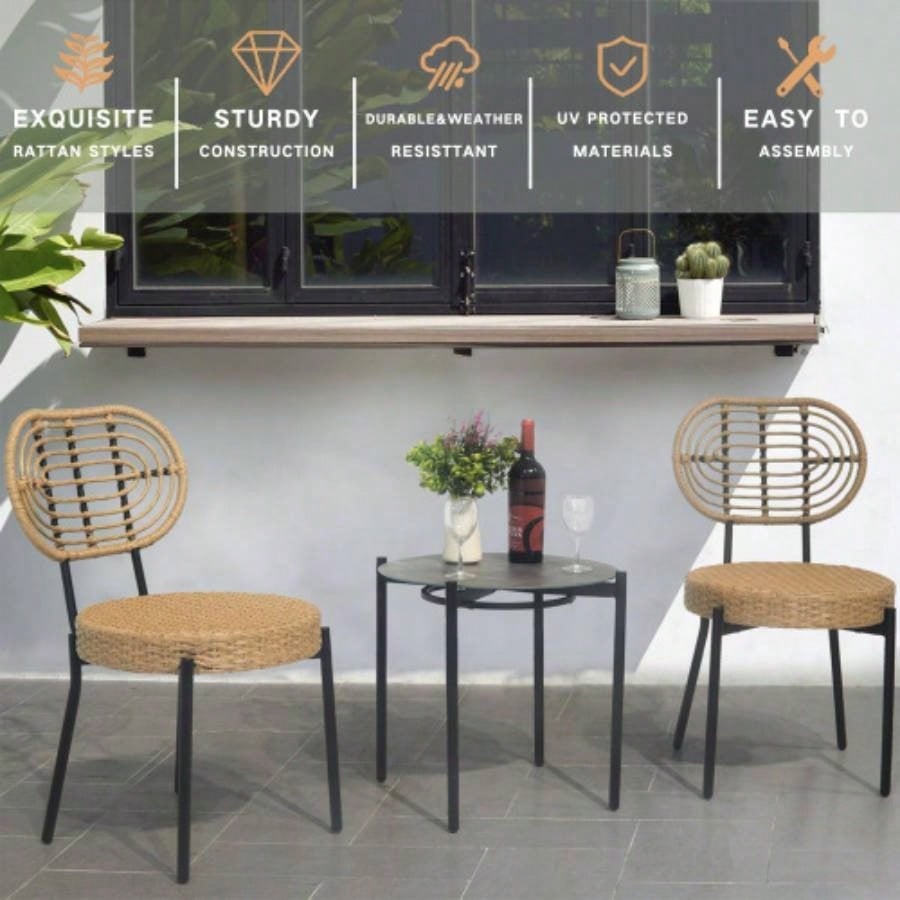 3 Pieces Of Luxury Outdoor Wicker Furniture - Patio Bistro Style Table And Chair Combination, Weather - resistant PE Wicker Weave, Stainless Steel Fame, Suitable Garden, Terrace, Backyard Casua