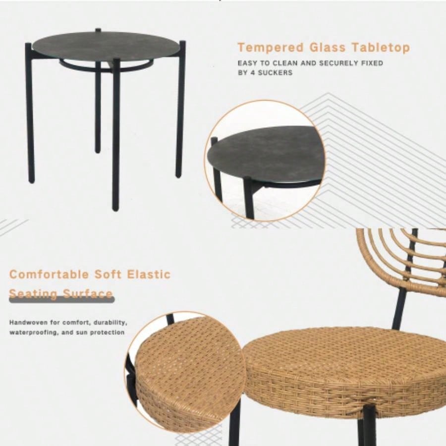 3 Pieces Of Luxury Outdoor Wicker Furniture - Patio Bistro Style Table And Chair Combination, Weather - resistant PE Wicker Weave, Stainless Steel Fame, Suitable Garden, Terrace, Backyard Casua